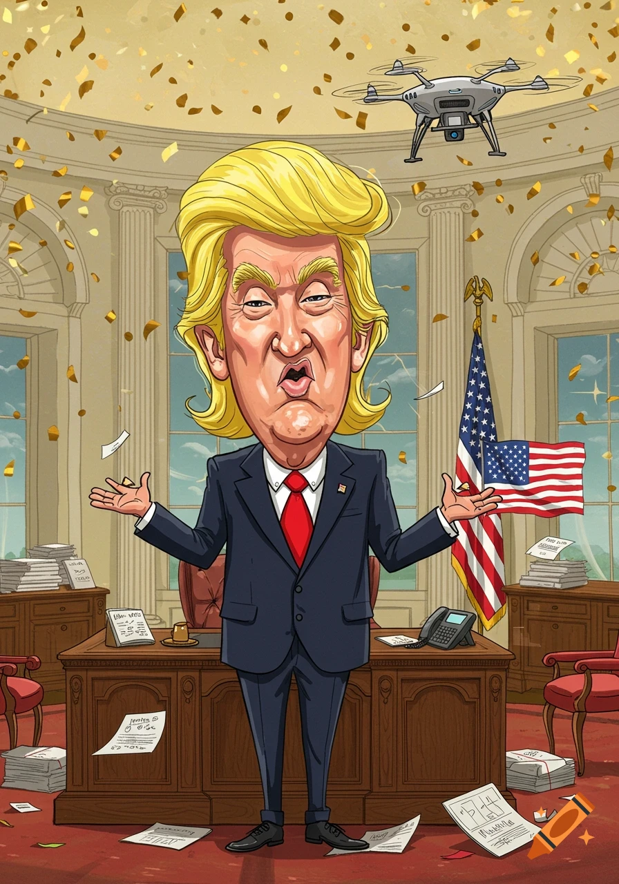 A cartoon caricature of Donald Trump in an Oval Office-like setting, hands raised, with confetti and a drone.