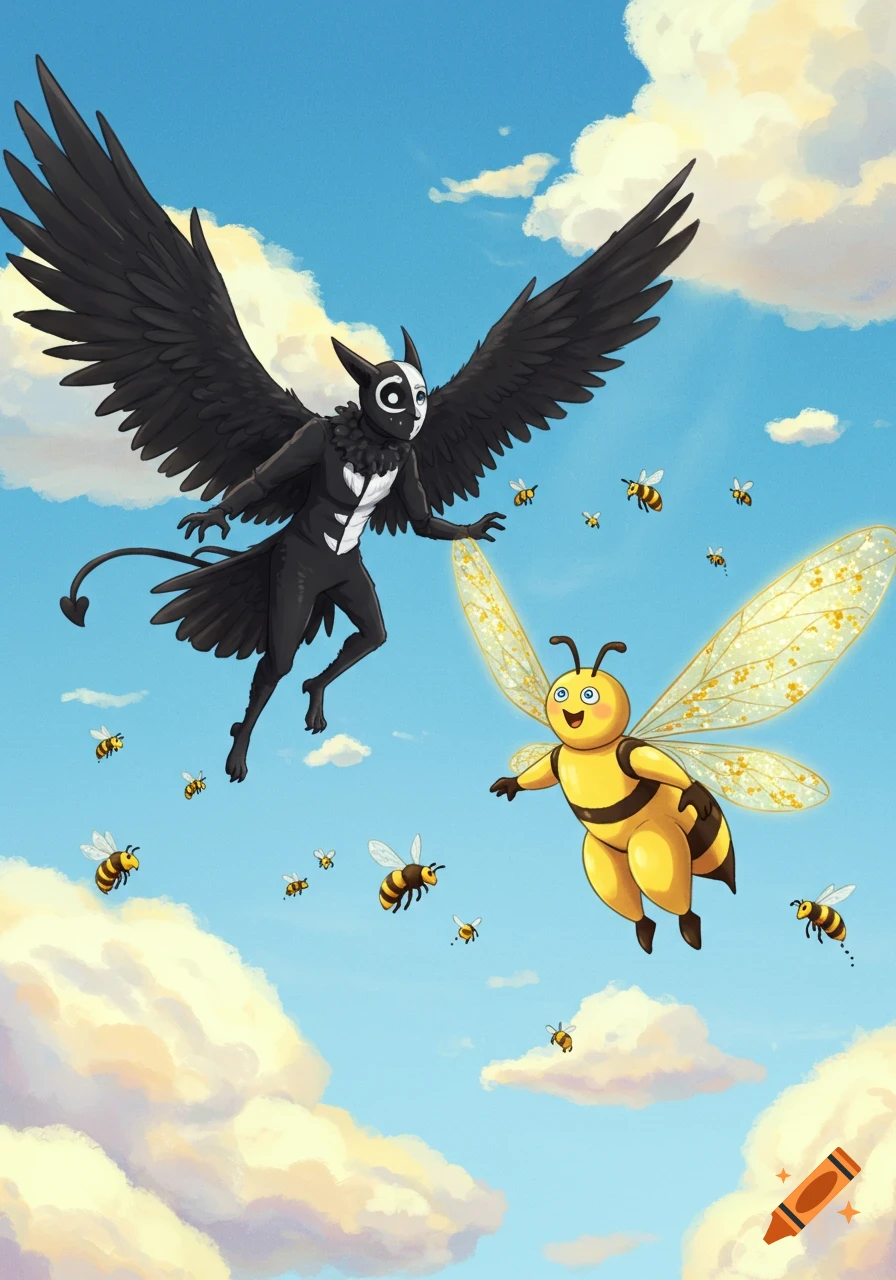 A black bird-like person and a large yellow anthropomorphic bee fly in a blue sky with clouds, surrounded by smaller bees in a cartoon style.