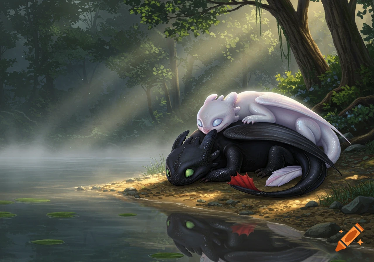 Toothless and the Light Fury dragons sleep on a forest shore by misty water, bathed in sunlight. Hyperrealistic illustration.