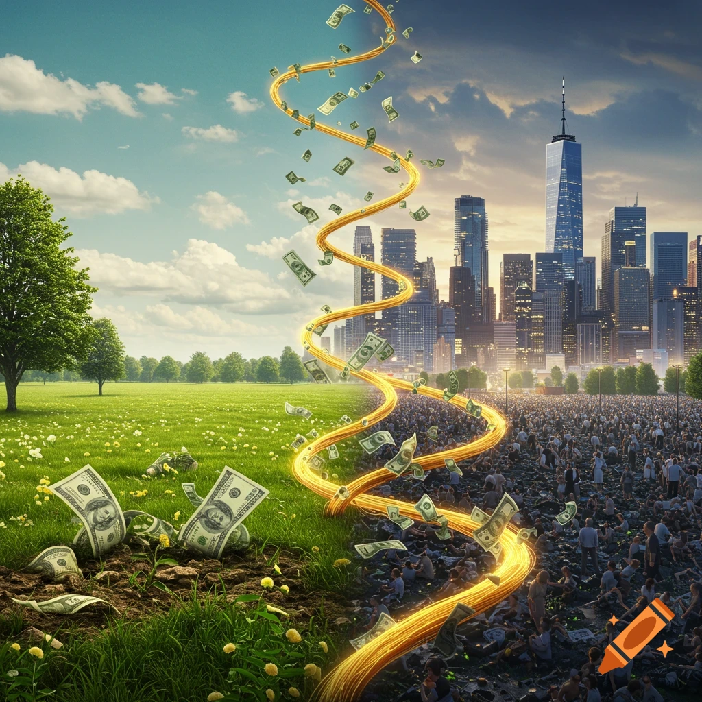 A vibrant image split into a green field with money growing, and a city with crowds. A glowing golden spiral of money connects them.