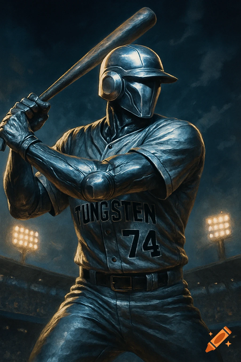A metallic baseball player in a helmet and uniform, holding a bat, stands under stadium lights.