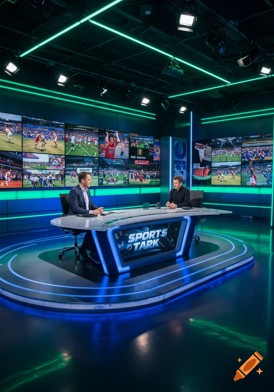 Two men sitting at a futuristic desk in a neon-lit sports broadcast studio with multiple screens showing sports events.