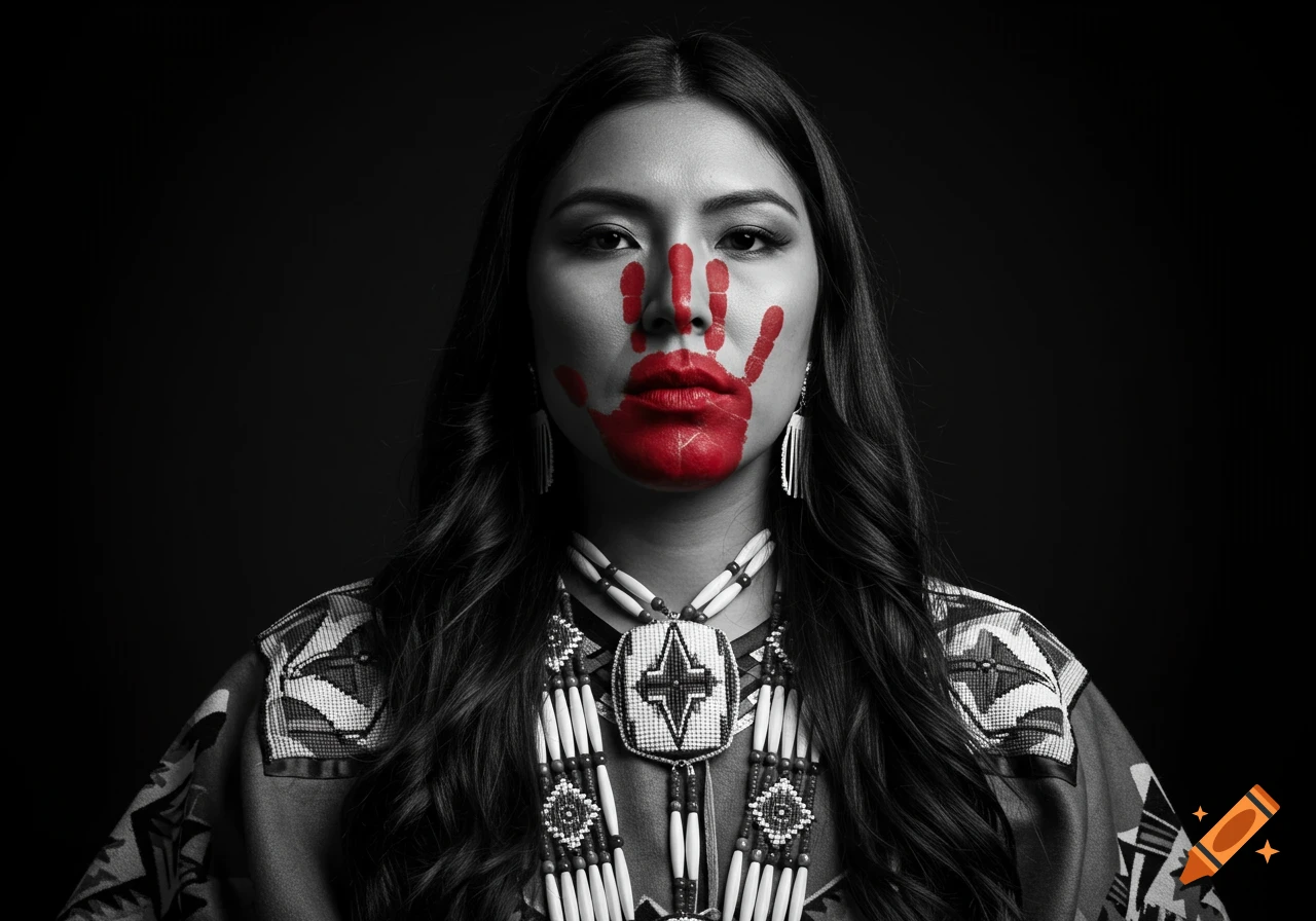 Black and white portrait of a Navajo woman with a red handprint over her mouth, wearing traditional beaded attire.