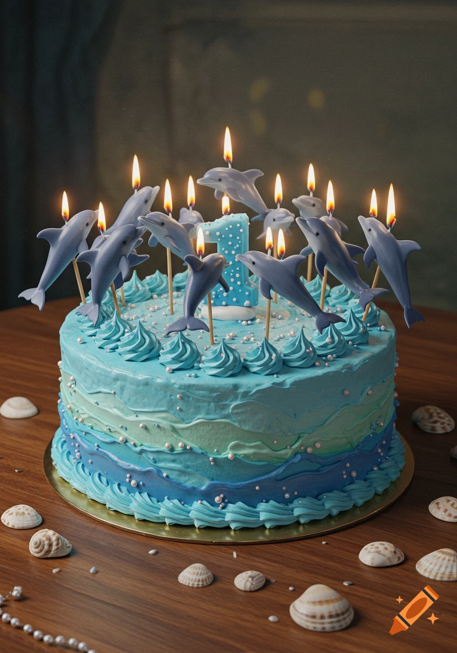 A blue ombré birthday cake with lit dolphin candles and a number '1' candle, surrounded by seashells on a wooden table.
