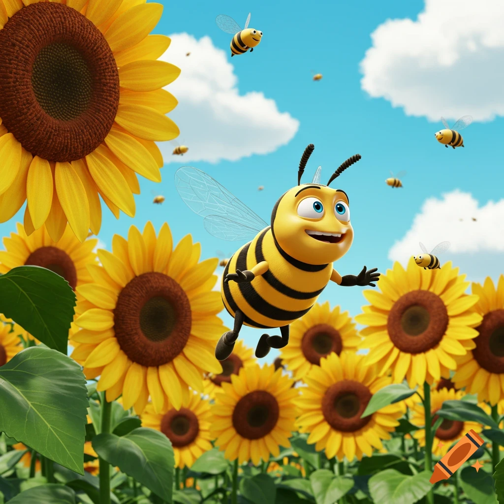 A cheerful 3D animated cartoon bee, Barry B. Benson, flies through a sun-drenched field of vibrant yellow sunflowers under a blue sky.