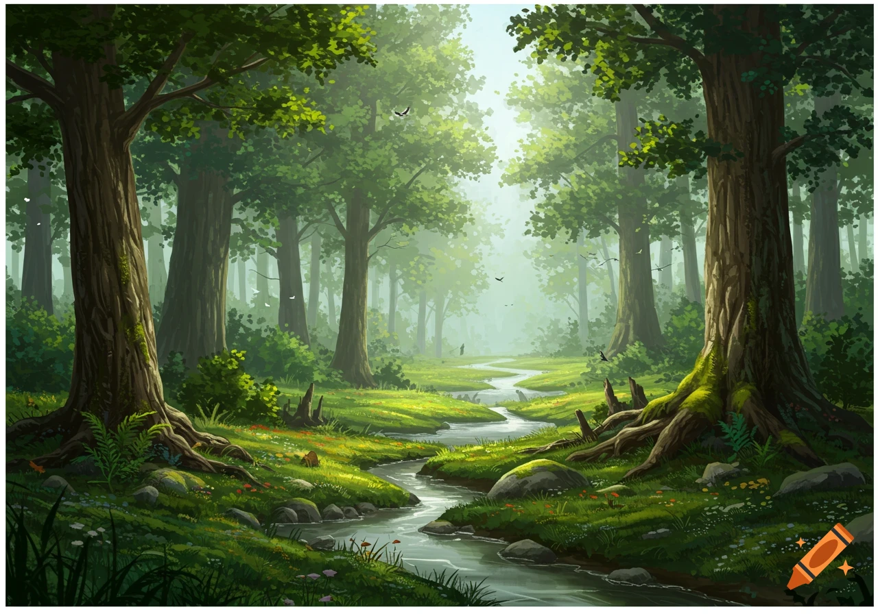 Vibrant illustrative painting of a sunlit forest with tall trees, a winding stream, and lush green foliage.