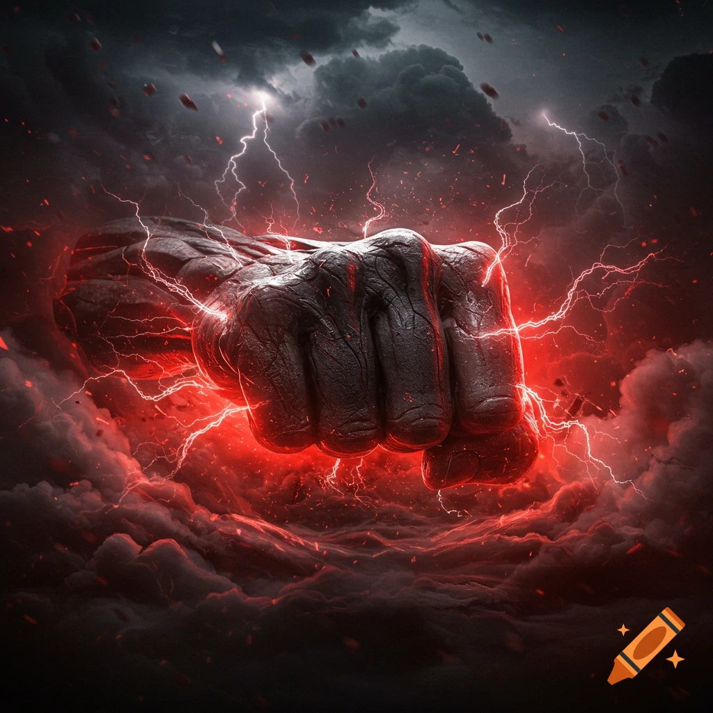 A large, dark, clenched fist pulses with red energy and white lightning against a stormy sky.