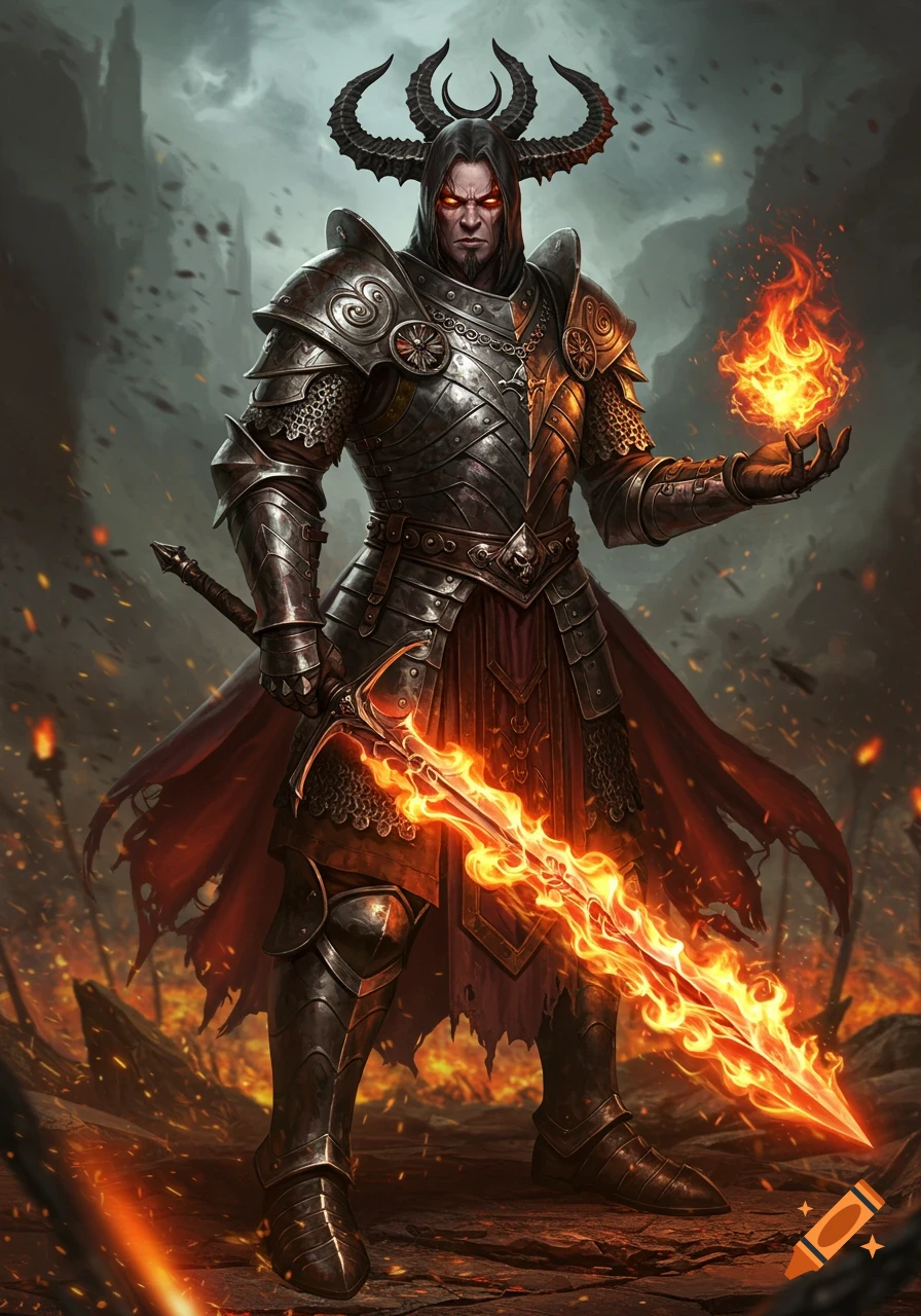 A horned warlock in ornate plate mail armor stands amidst a fiery landscape, wielding a flaming sword and conjuring an orb of fire.