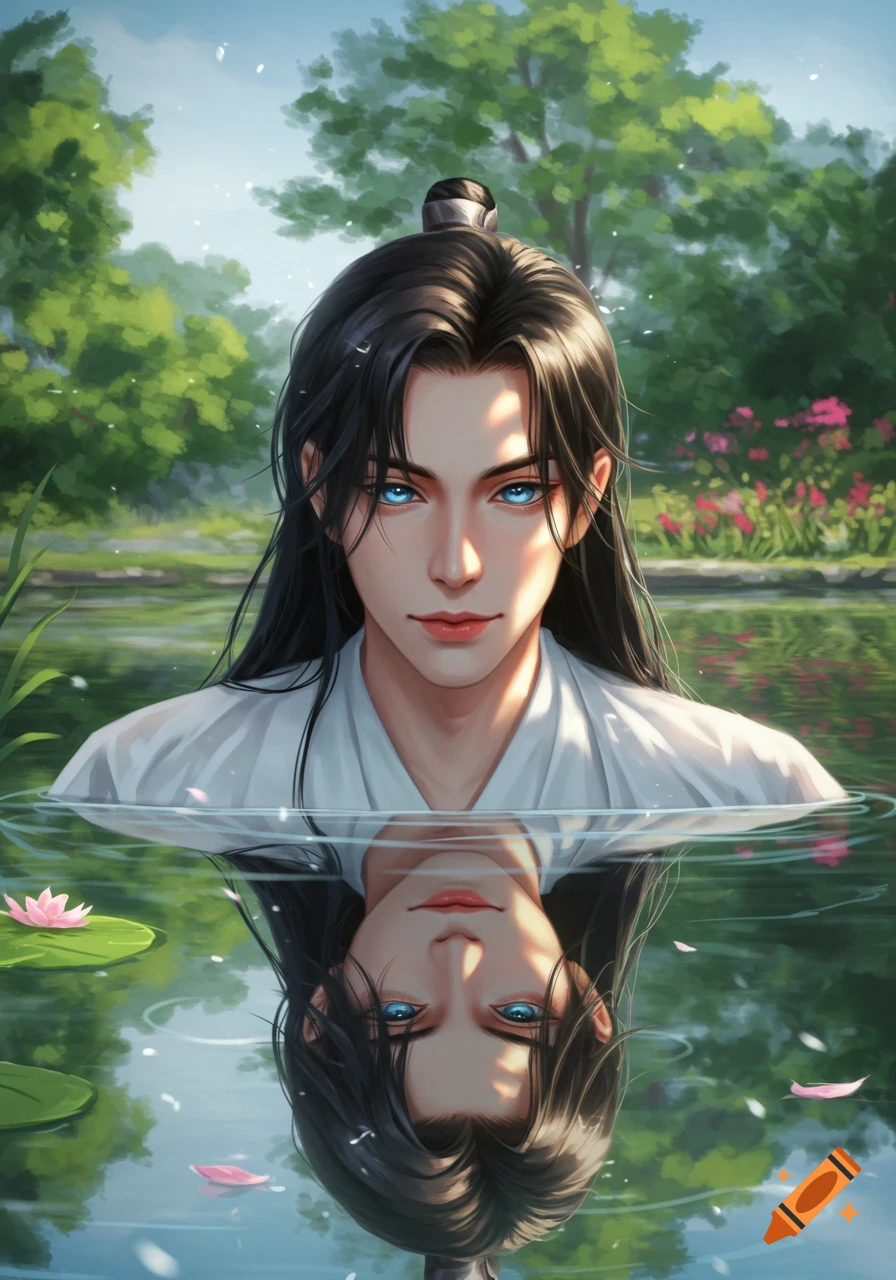 A serene, illustrative portrait of a young man with long black hair and striking blue eyes emerging from a tranquil lake, looking at his reflection.