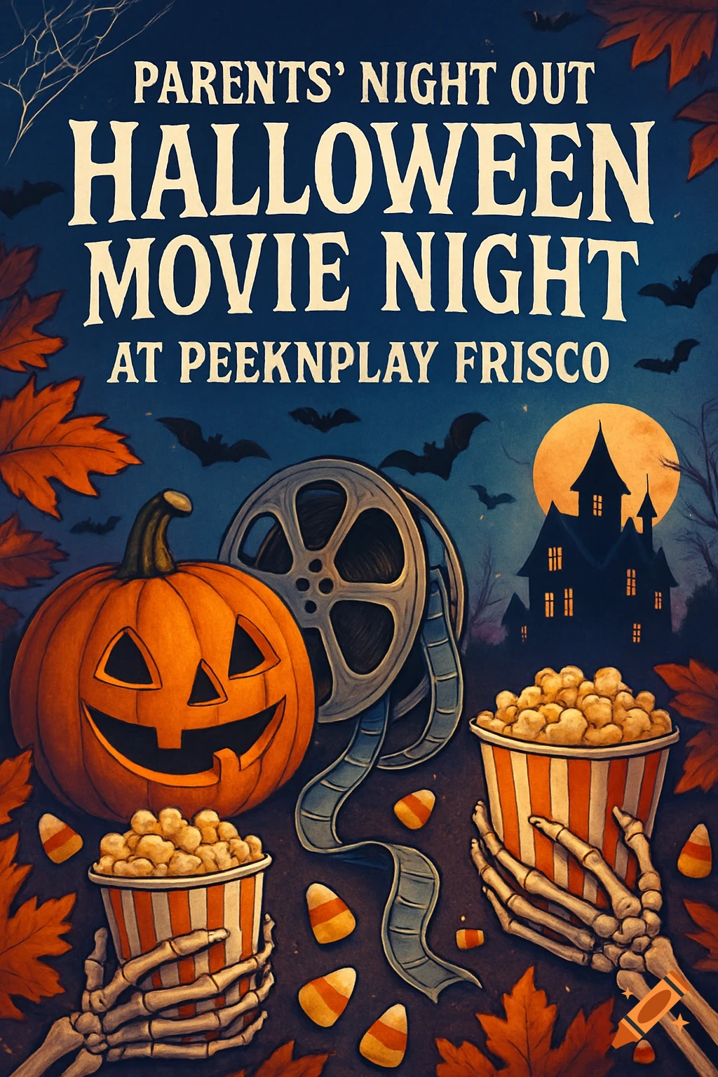 Halloween event poster with a jack-o'-lantern, film reel, haunted house, skeleton hands holding popcorn, bats, and fall leaves.