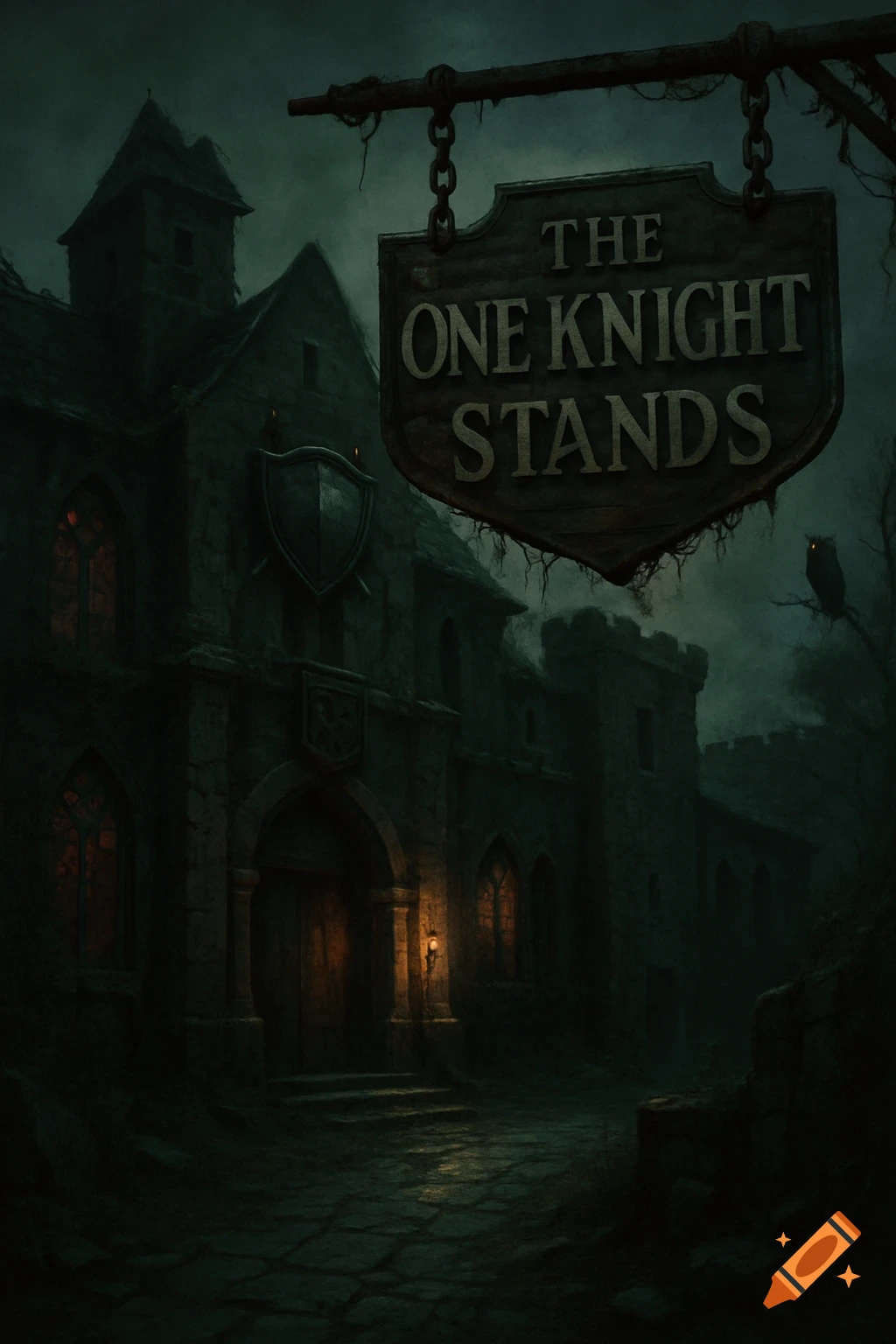 A gloomy, decrepit gothic guild hall at night with a sign reading 'THE ONE KNIGHT STANDS' hanging overhead.
