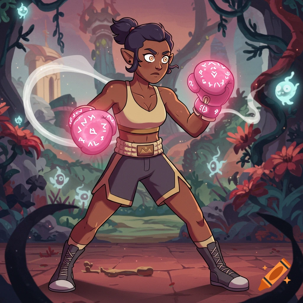 A female boxer with pointy ears, wearing a sports bra, shorts, and pink magical boxing gloves, stands in a mystical forest.