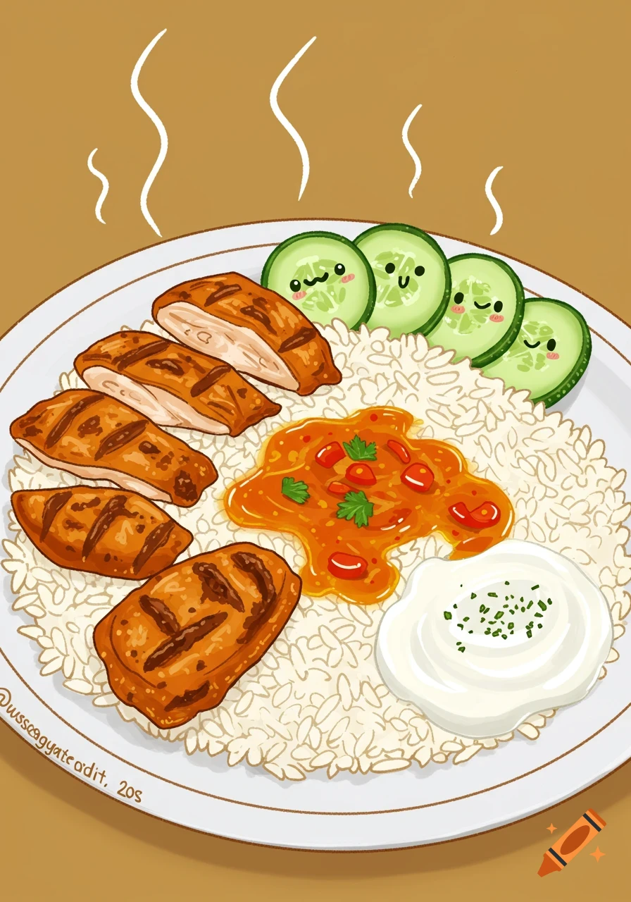 A cartoon rice platter with grilled chicken, smiling cucumber slices, peri-peri sauce, and yogurt.