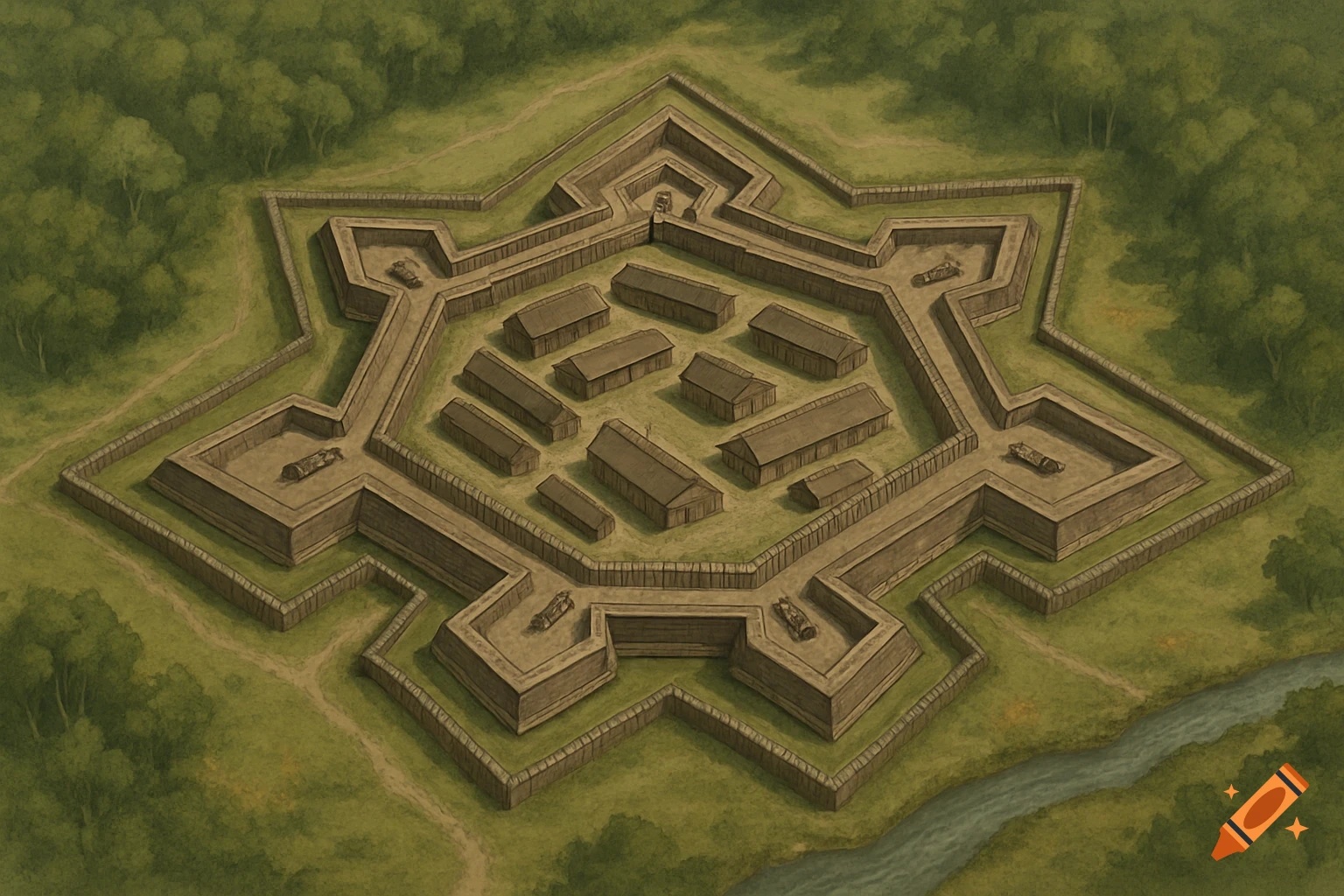 An aerial view of a star-shaped historical fort with inner buildings, cannons, surrounded by forests and a river.