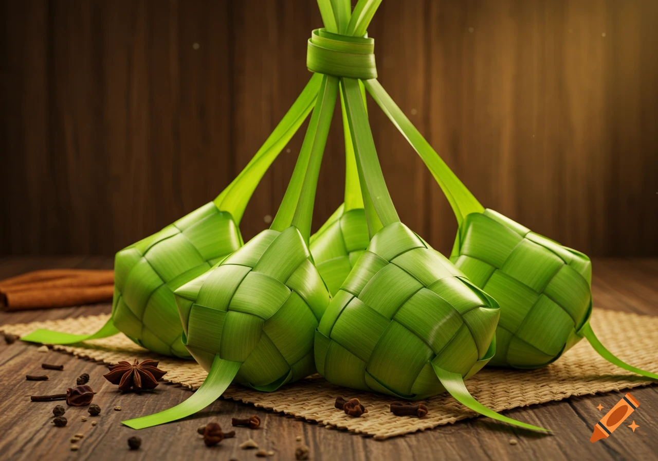 Several green, woven ketupat (rice dumplings) sit on a woven mat on a wooden table with scattered spices.