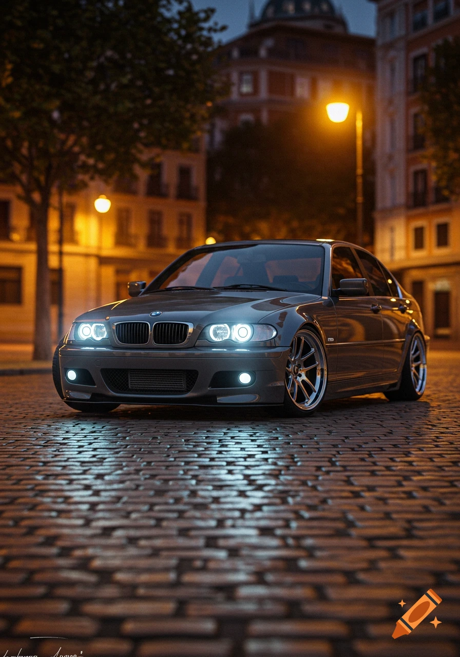 A gray BMW E46 with custom wheels and bright headlights is parked on a wet cobblestone street at night in a city.