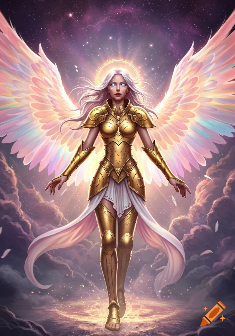 A powerful angelic woman in golden armor with luminous, rainbow wings stands on a glowing cosmic ground.