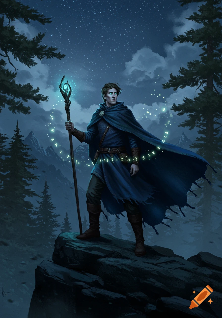 A male sorcerer in a blue cloak with a glowing staff stands on a rock amidst a starry night, surrounded by magical runes and pine trees.