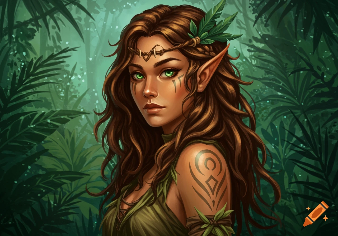 Close-up of a fantasy wood elf woman with long brown hair, green eyes, tribal facial markings, and pointed ears, in a lush green jungle.