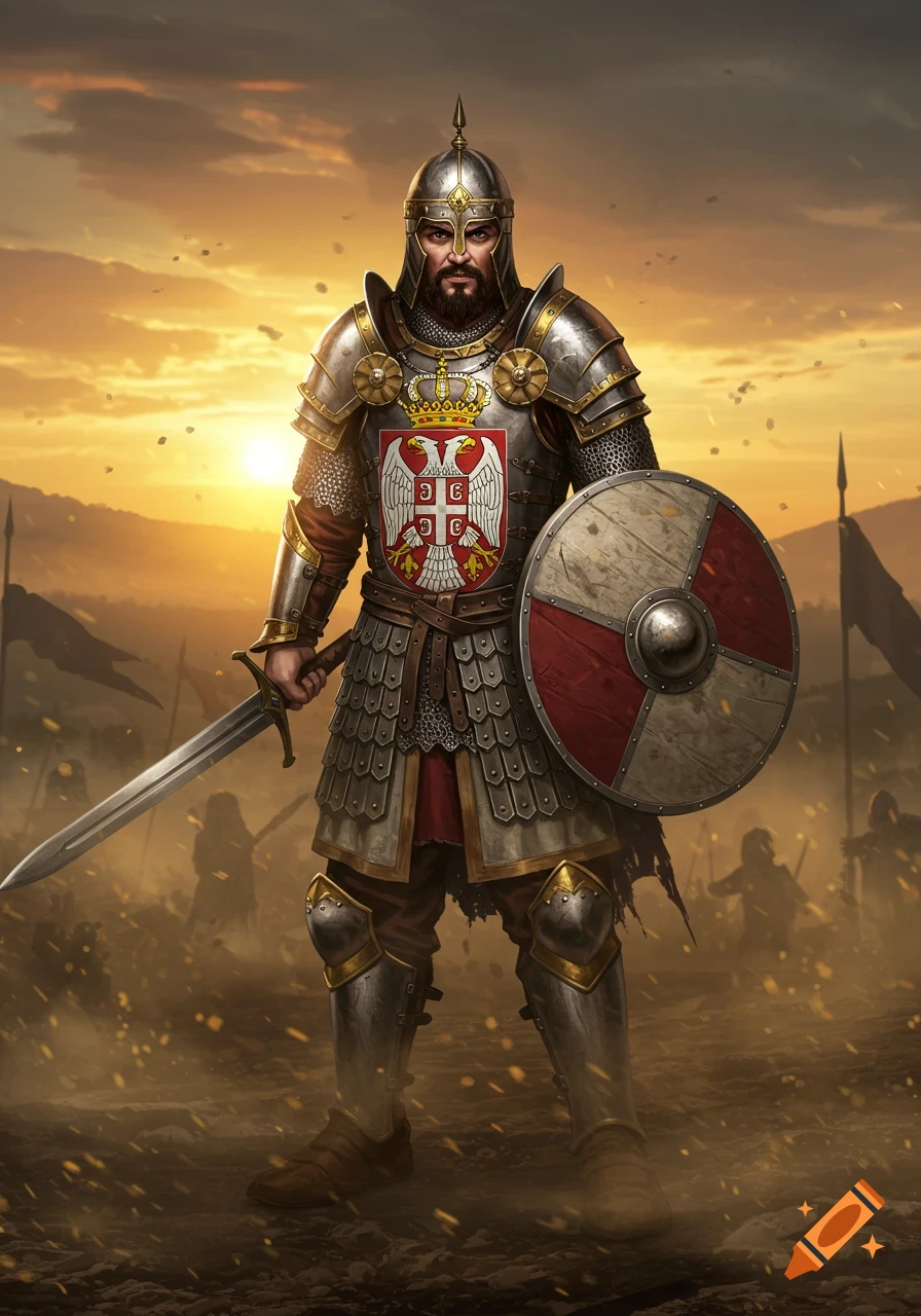 A formidable Serbian warrior in ornate armor holds a sword and shield on a dusty battlefield at sunset, in a detailed digital painting.