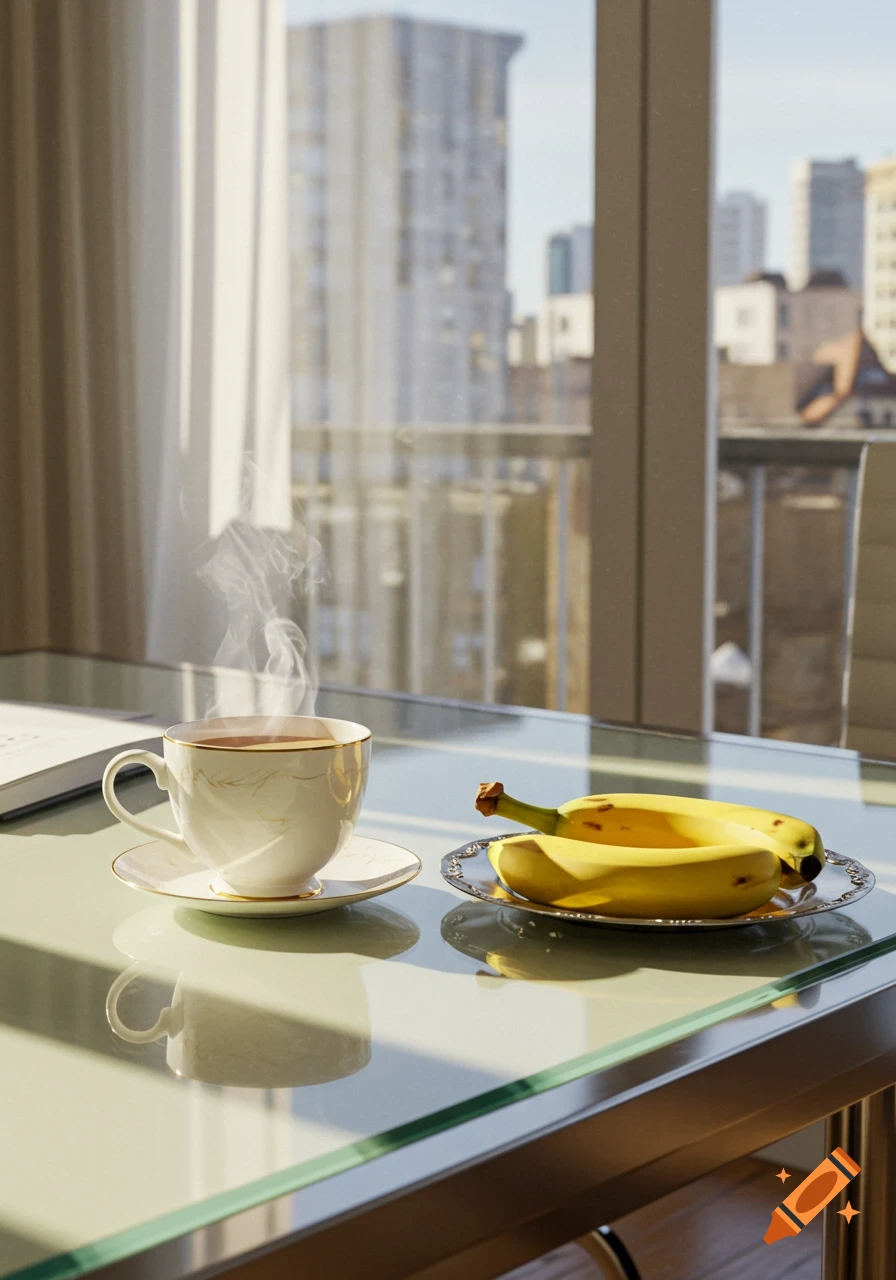 A steaming cup of tea and bananas on a glass table in an office, with a city skyline visible through the window.