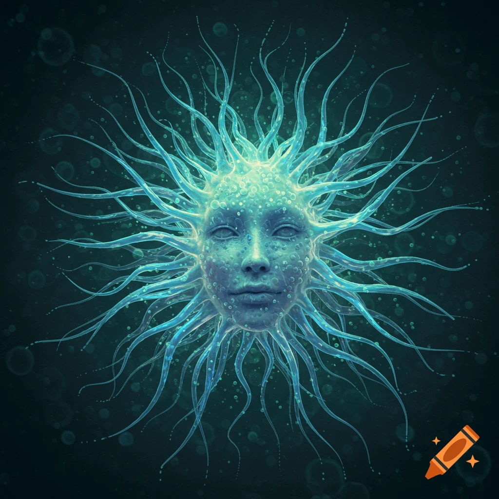 A glowing, ethereal face formed from blue and green bioluminescent cilia and flagella, against a dark background.
