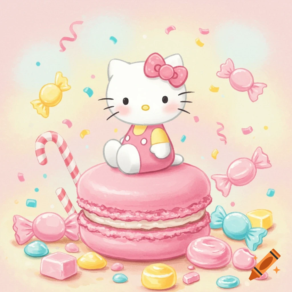 Cute Hello Kitty sits on a pink macaron, surrounded by pastel candies and confetti in a watercolor-style illustration.