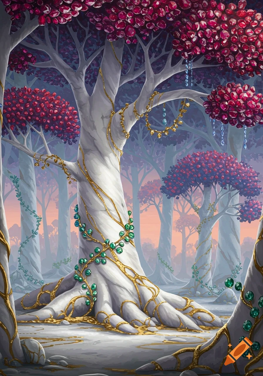 A fantasy forest scene with white trees adorned with golden vines and various colorful gemstones, under a vibrant sky.