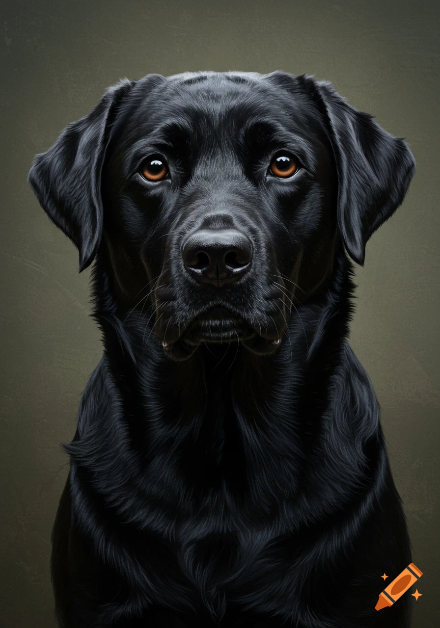 Photorealistic close-up portrait of a black Labrador dog with deep amber eyes, looking directly at the viewer.