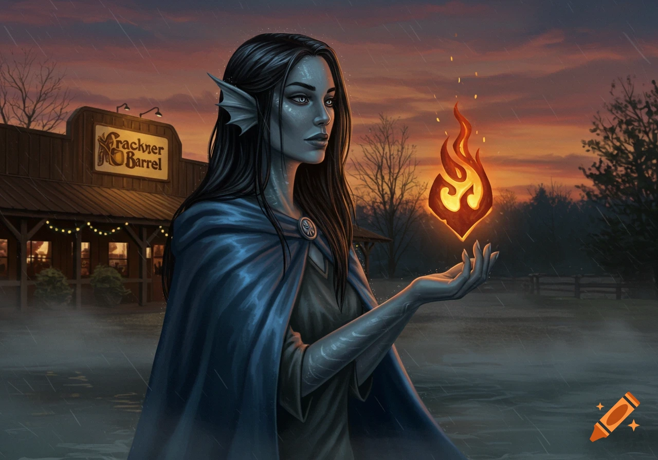 A dark-haired Selkie with fin ears holds a glowing fire emblem, standing in the rain outside a Cracker Barrel restaurant at dusk.