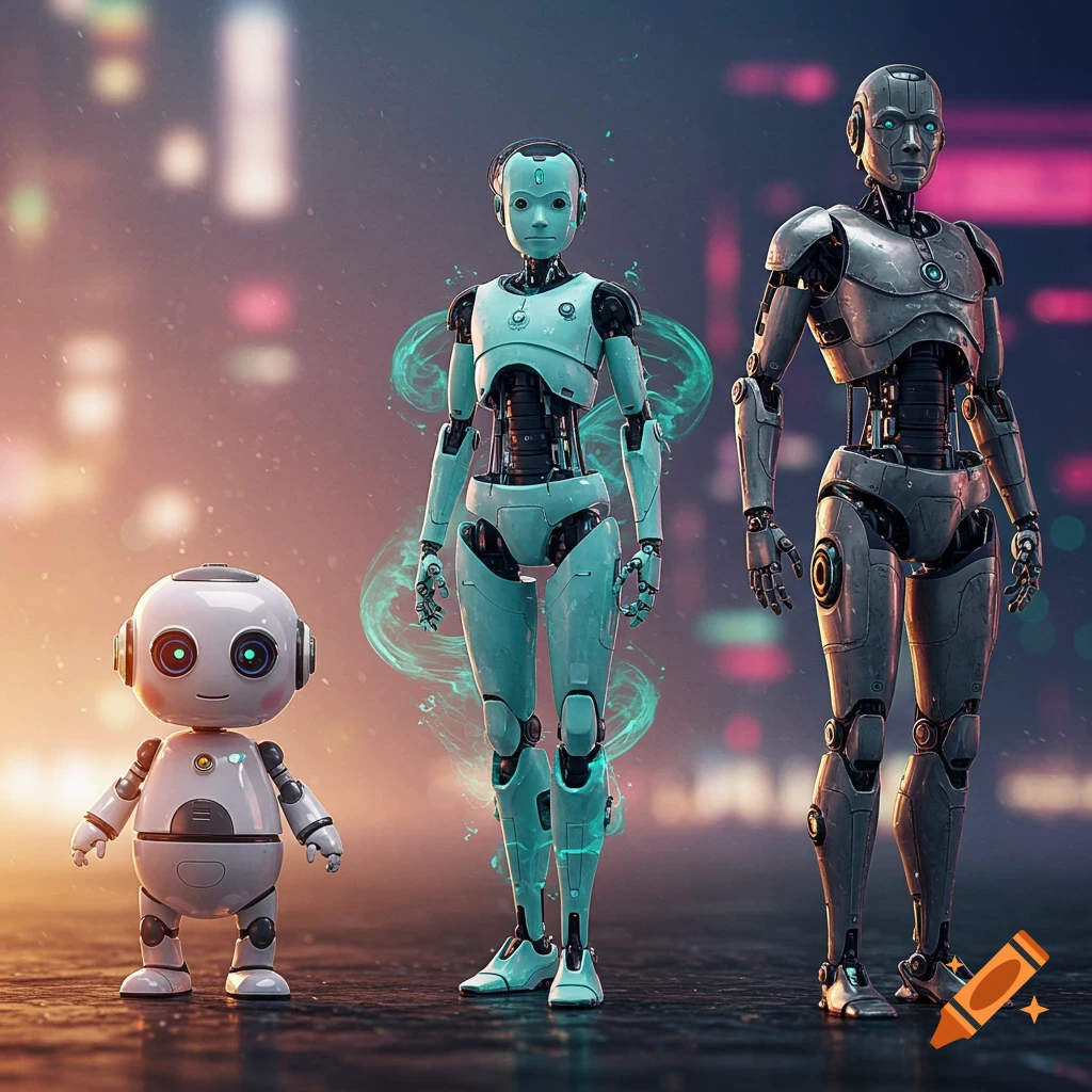 Three robots of varying sizes stand on a reflective surface against a blurred cityscape, depicting a progression in design.