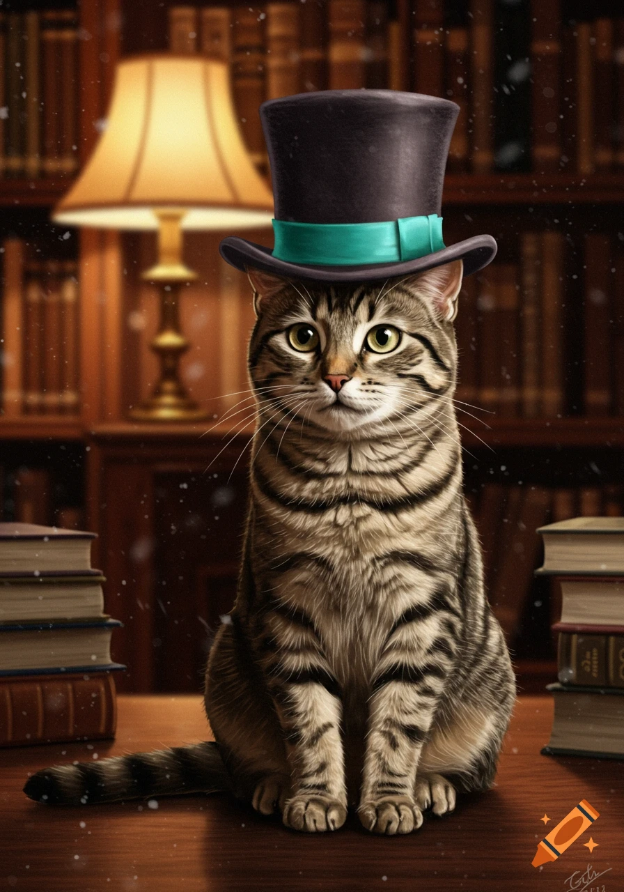 A photorealistic tabby cat wearing a black top hat with a teal band sits on a wooden desk in a cozy library with books and a lamp.