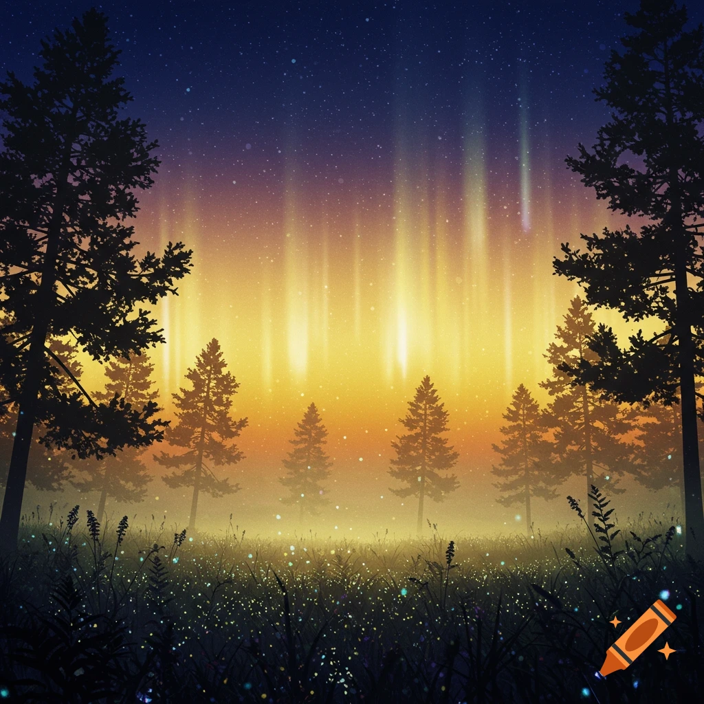 Silhouetted pine trees frame a glowing yellow and orange aurora over a misty field with glittering flowers under a dark starry sky, digital art.