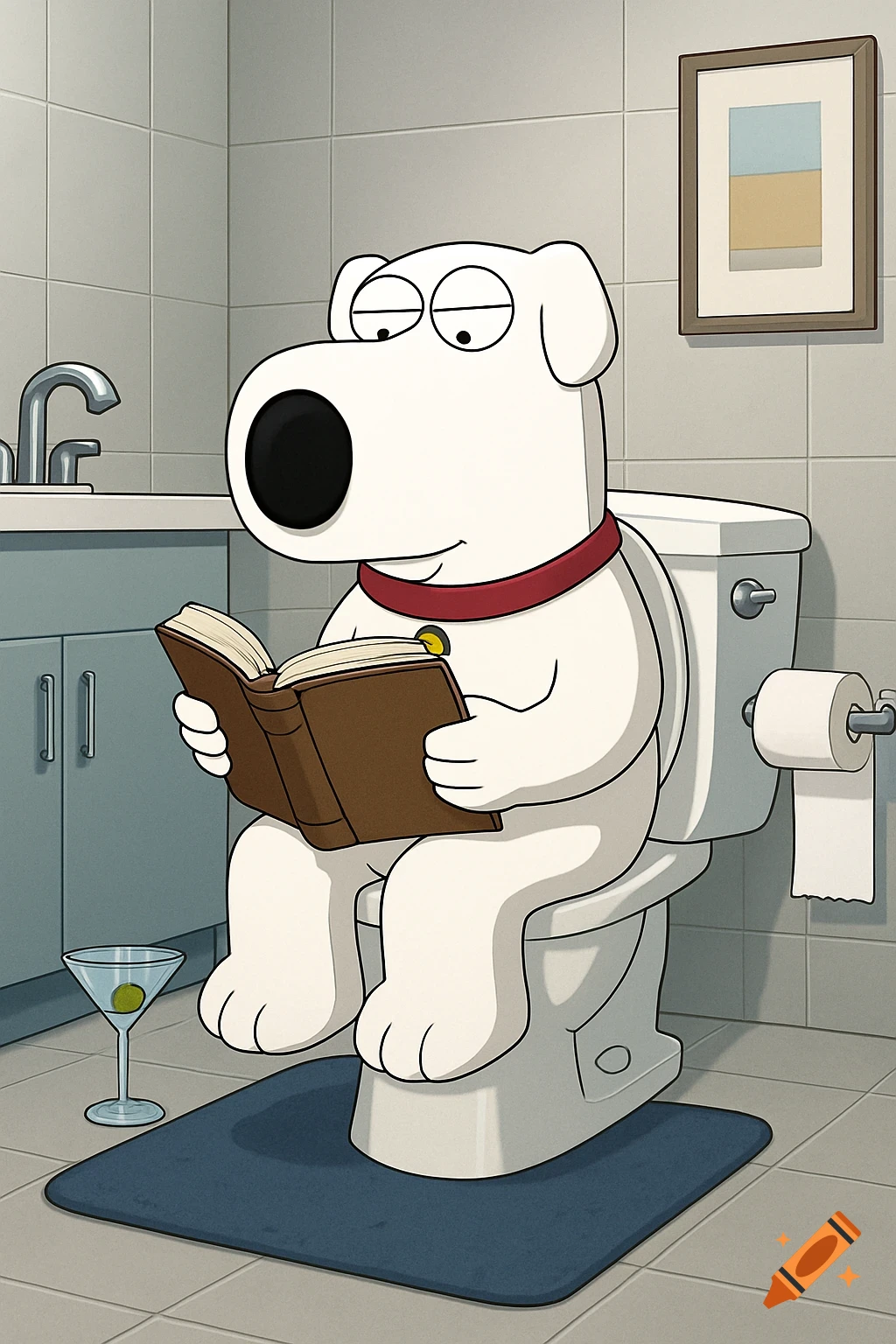 Brian Griffin from Family Guy sits on a toilet, reading a book, with a martini glass nearby in a cartoon style.