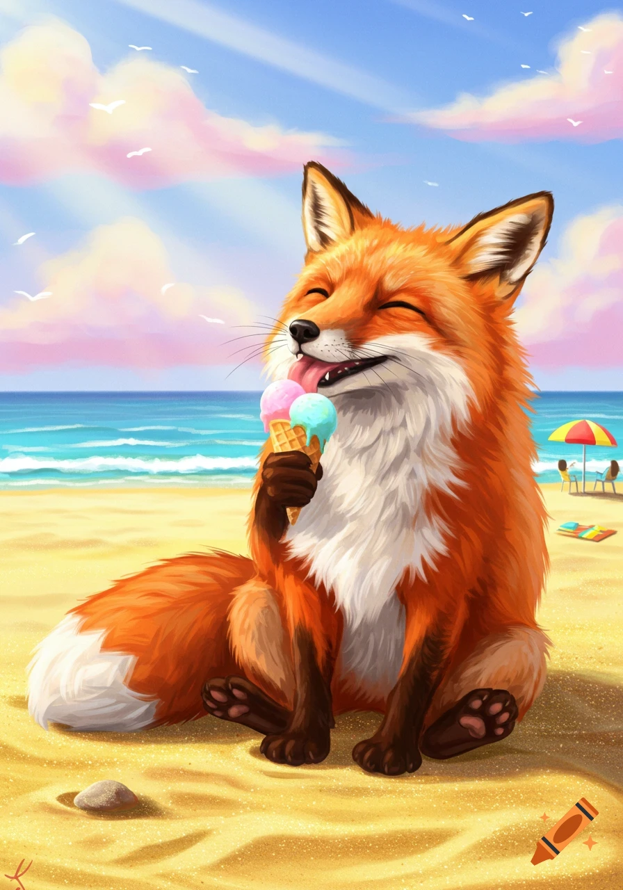 A happy cartoon fox with closed eyes licks a pink and blue ice cream cone on a sunny beach with the ocean in the background.