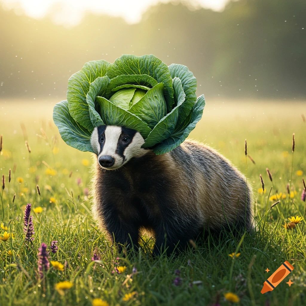 A photorealistic badger wearing a large green cabbage as a hat stands in a sunlit field of green grass and wildflowers.