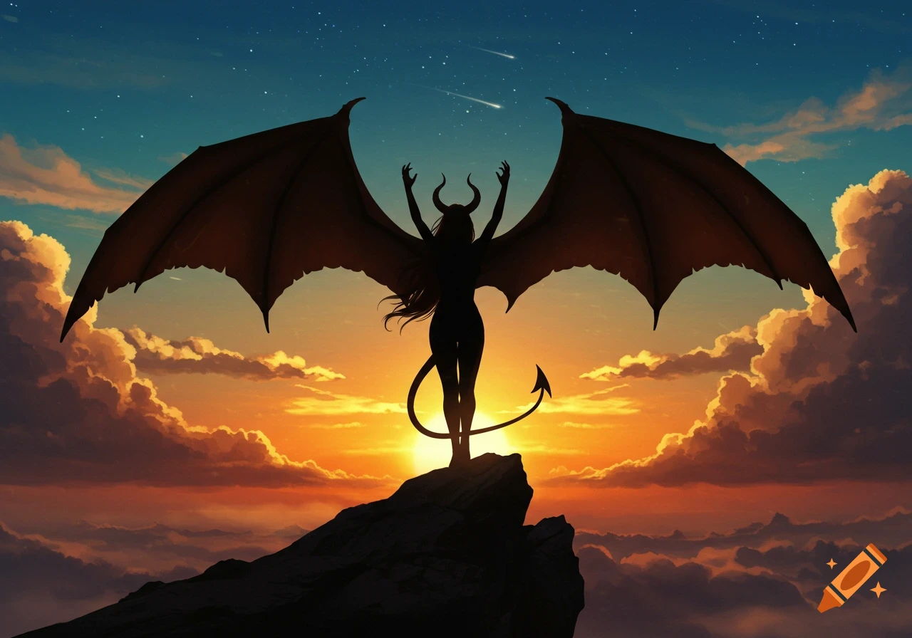 Silhouette of a winged demon woman with horns and tail, on a rock against a vibrant sunset sky with clouds and stars.