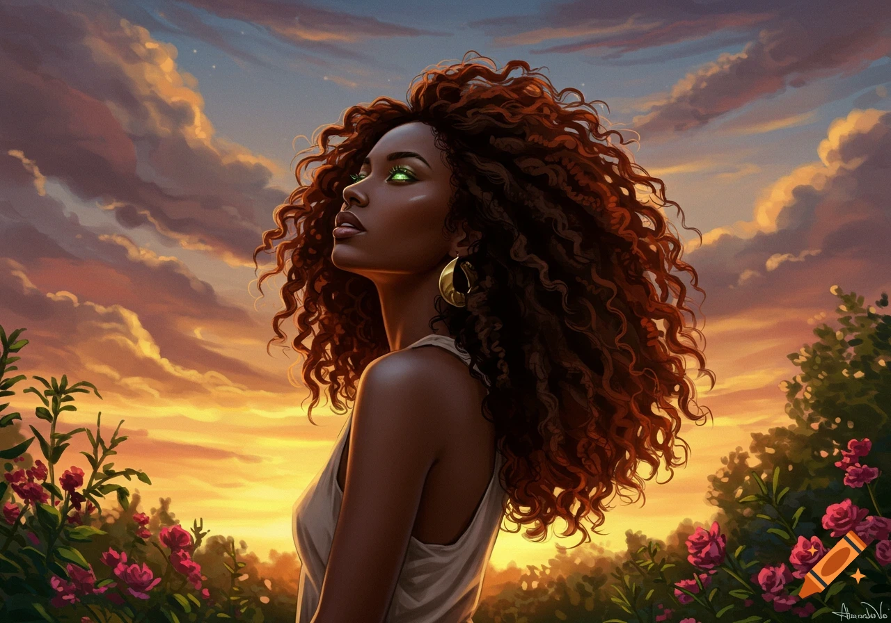 Digital painting of a Black woman with curly hair and glowing green eyes, looking up at a vibrant sunset sky over a flowery landscape.