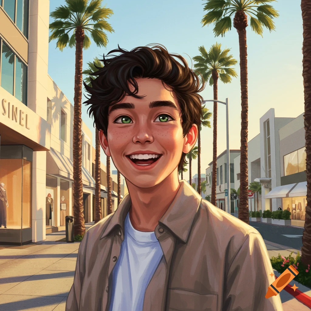 Smiling young man with dark hair and green eyes on a sunny urban street lined with palm trees and modern buildings, in a cartoon style.