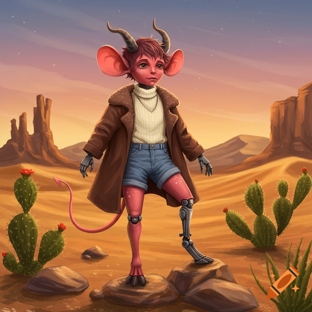A pastel red imp-jerboa hybrid with prosthetic arms and one prosthetic leg, wearing a brown coat and jean shorts, stands in a desert landscape with cacti and mesas.