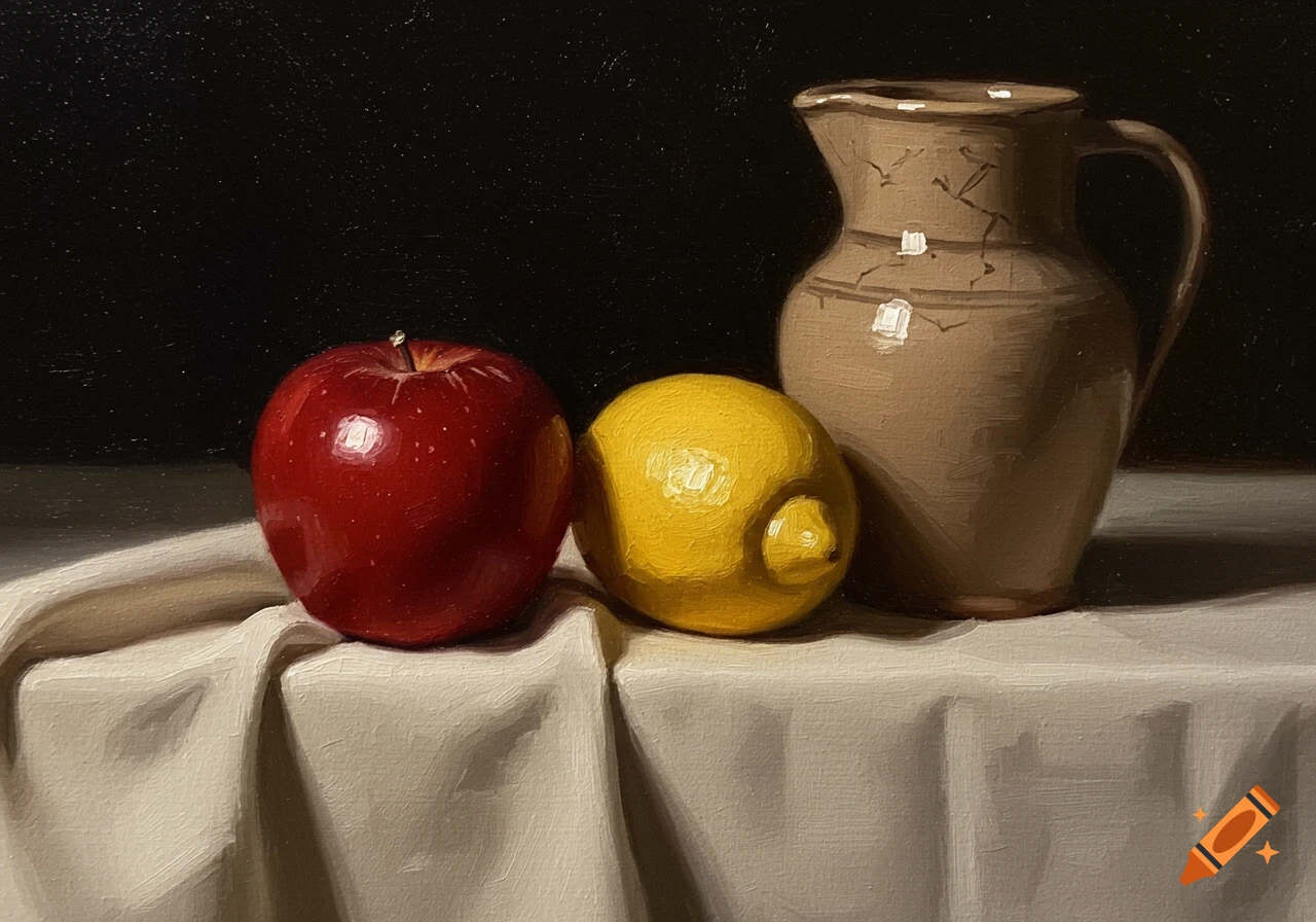 Oil painting of a red apple, yellow lemon, and brown jug on a cream creased tablecloth against a dark background in a painterly style.