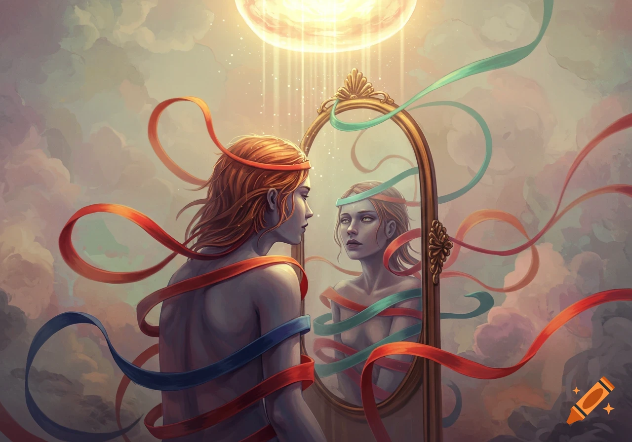 Ethereal digital painting of a woman with red hair, wrapped in colorful ribbons, gazing into a mirror under a glowing orb.