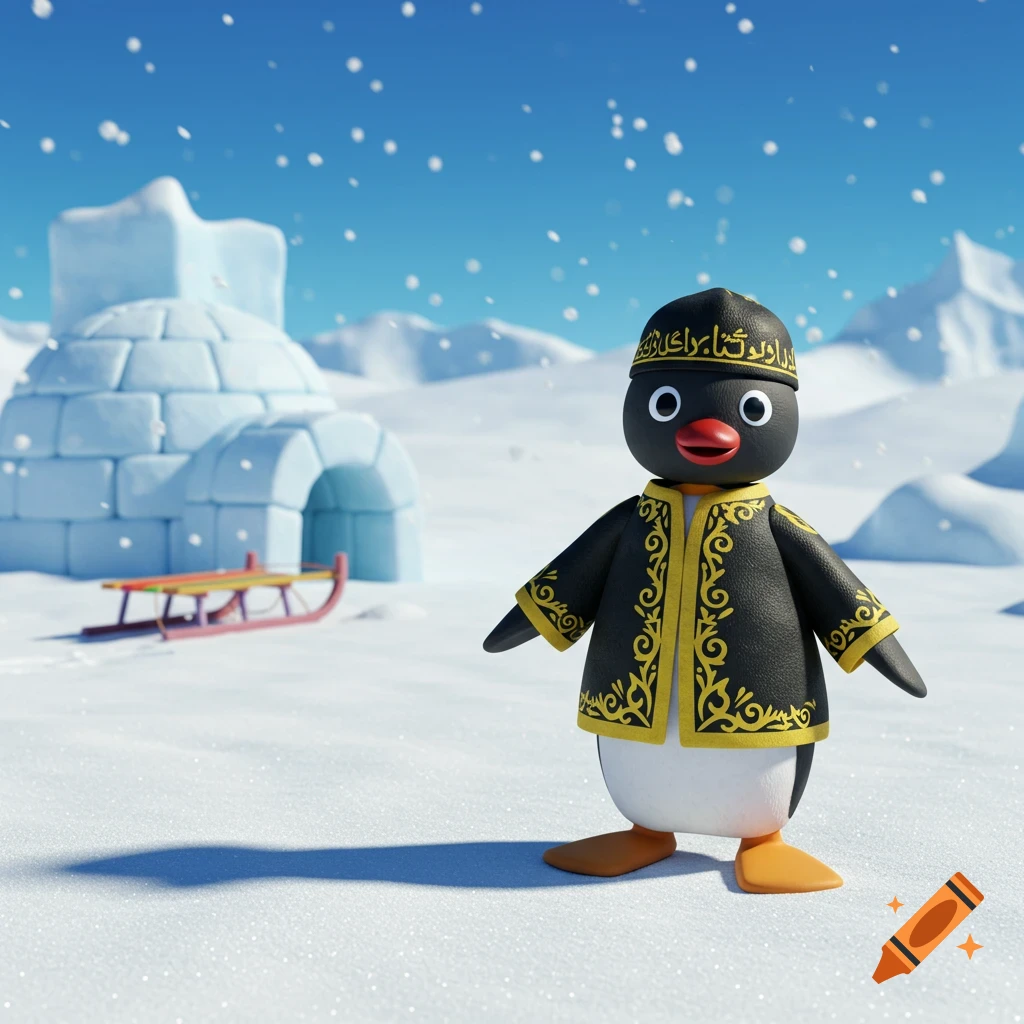 Pingu, the cartoon penguin, wears a black and gold patterned Kufi hat in a snowy arctic landscape with an igloo and mountains under a blue sky.