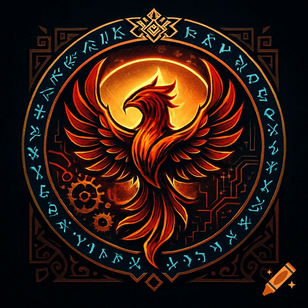 A stylized fiery phoenix emblem with outstretched wings, centered in a dark circle framed by glowing blue runes, gears, and circuitry, against a black background.