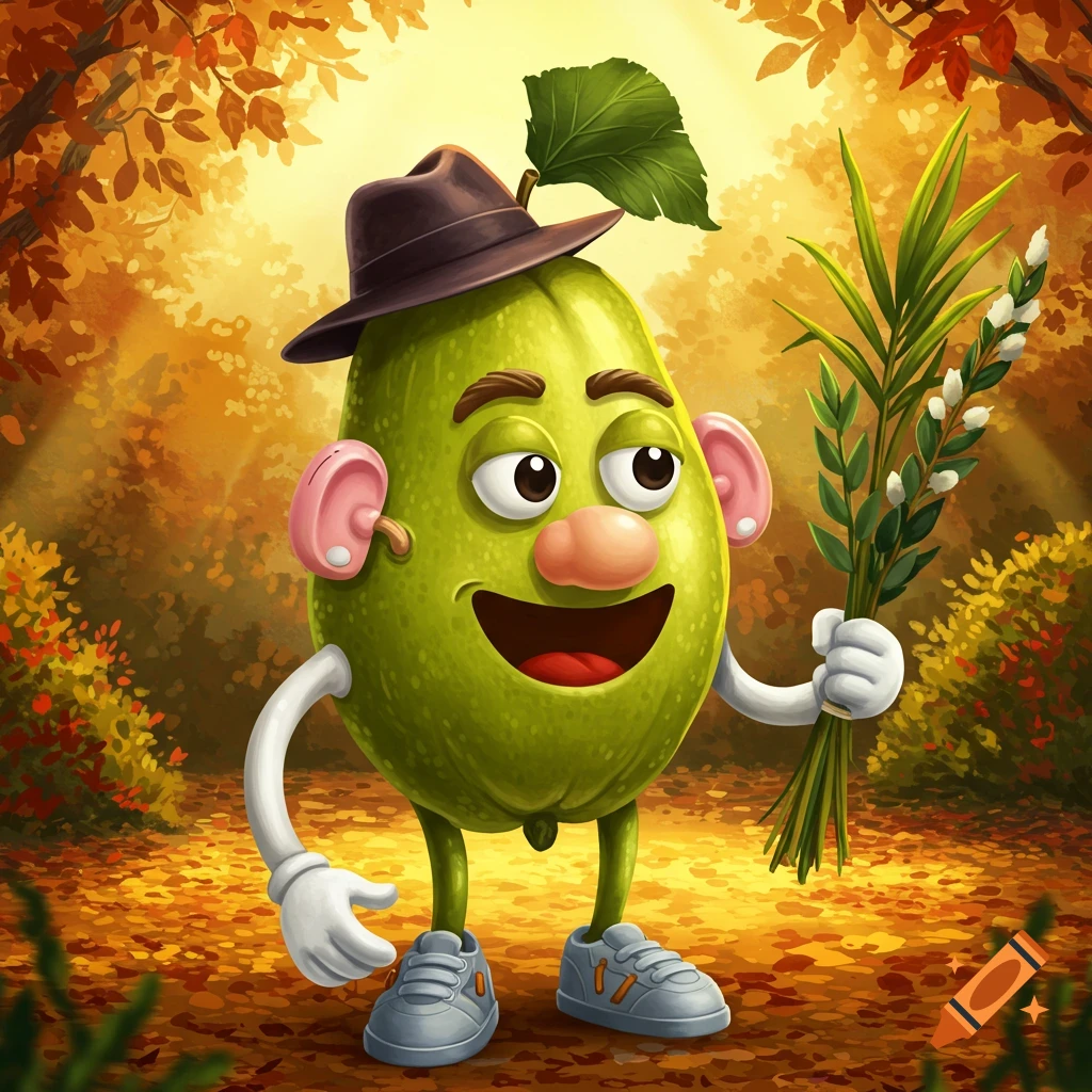 A vibrant cartoon esrog character, like Mr. Potato Head, wears a hat and holds a lulav in an autumn forest.