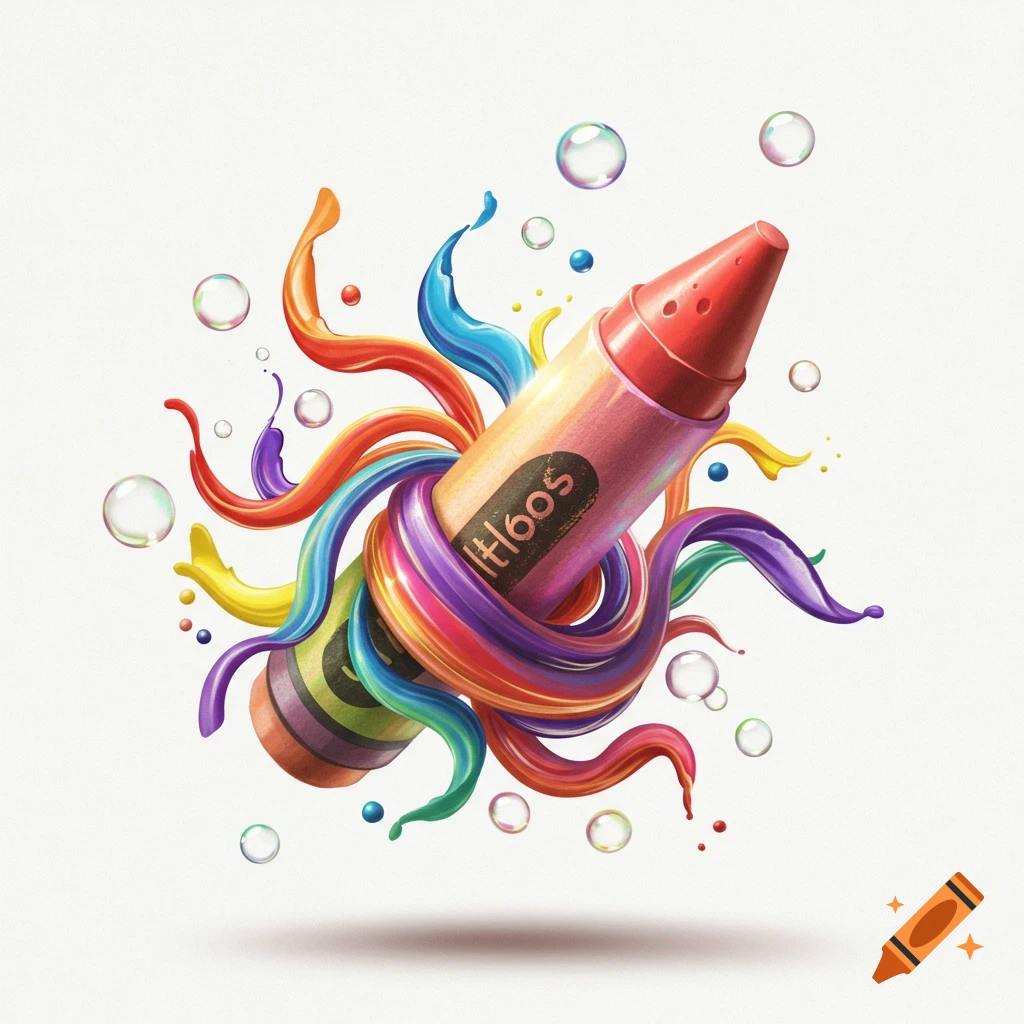 Vibrant red crayon with swirling rainbow paint and floating bubbles on a white background, stylized illustration.