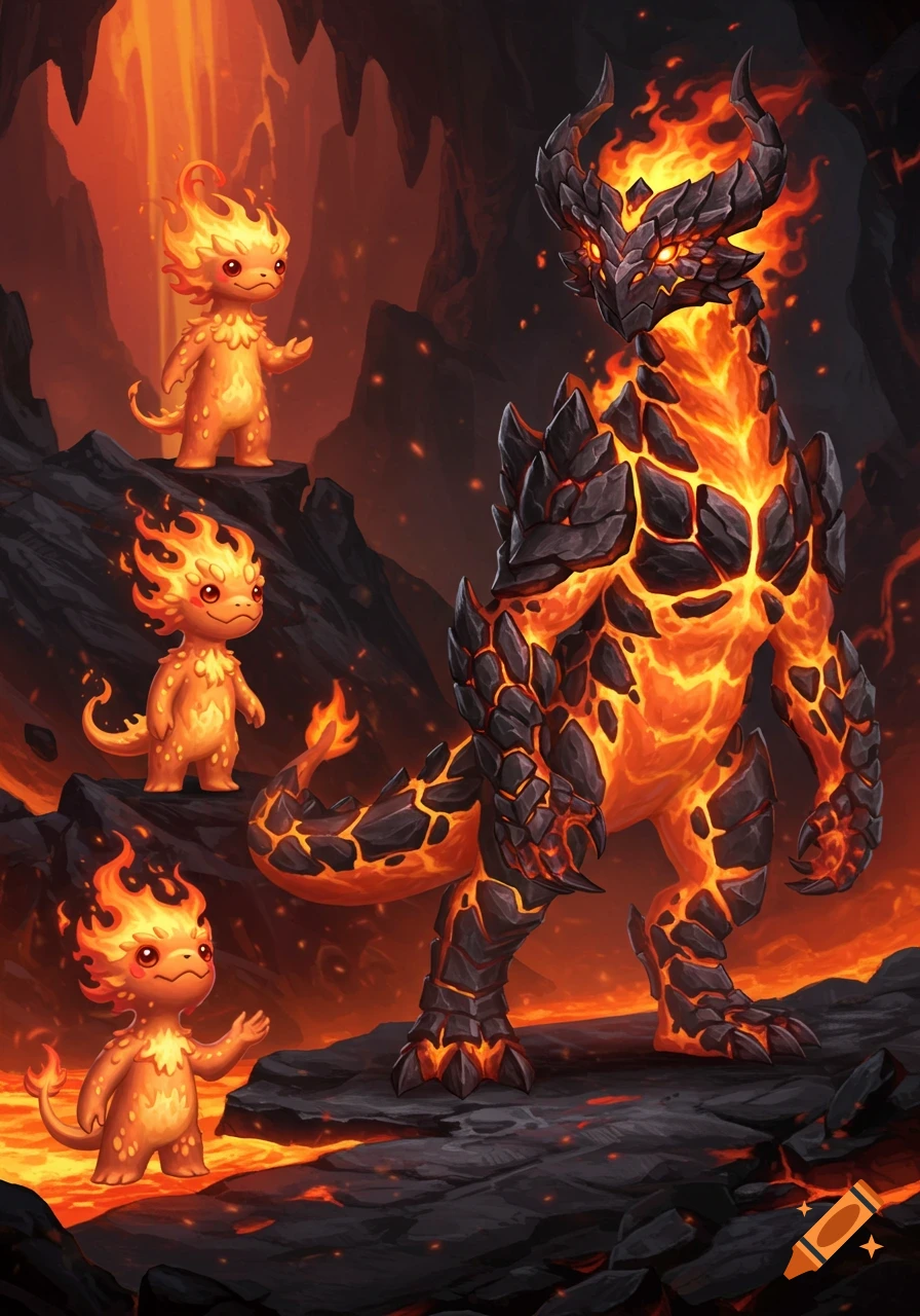 Three small, cute fire elementals and one large lava-rock fire dragon with horns stand in a fiery, volcanic cave.