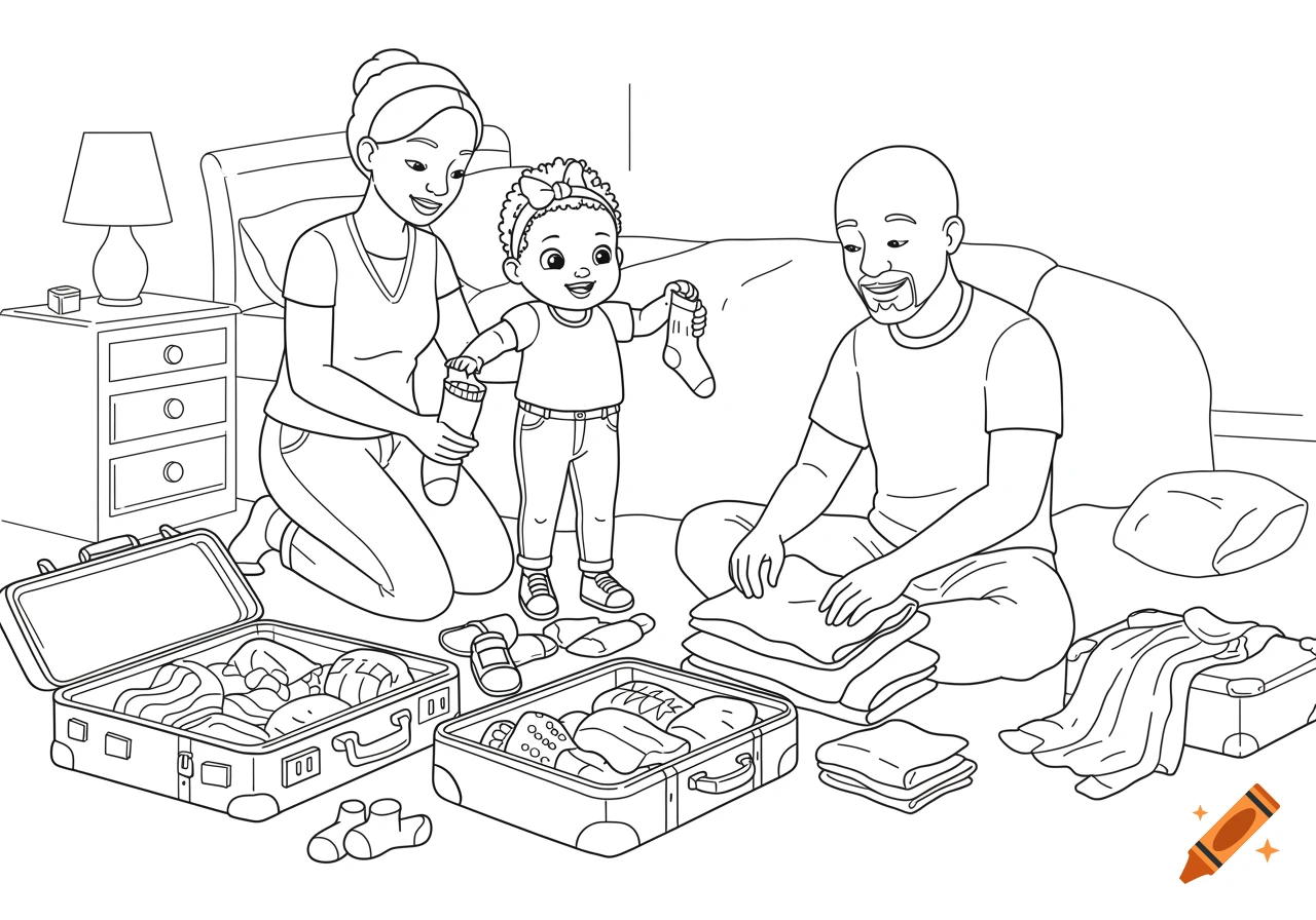 An African-American family packs suitcases in a bedroom. The mother kneels, the father sits, and a toddler stands, holding a sock. Line art coloring book style.