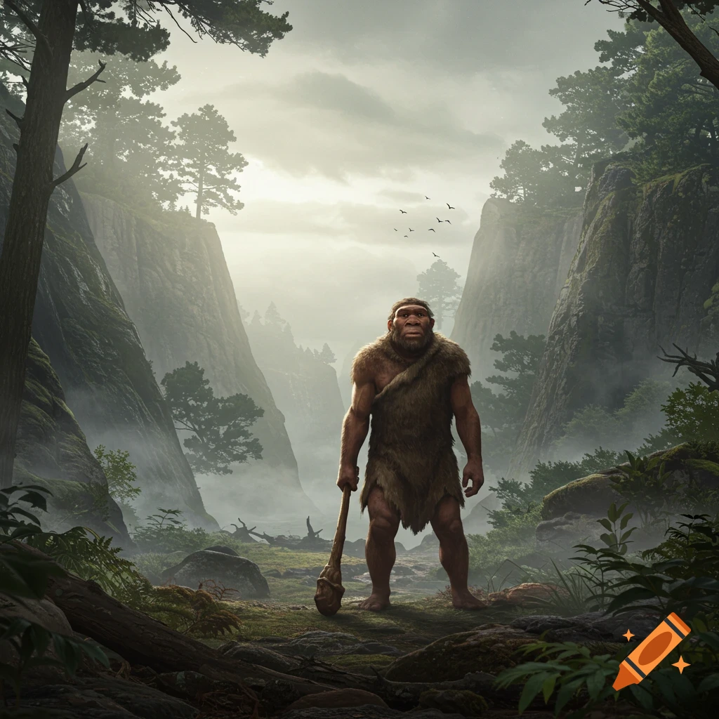 Photorealistic image of a Neanderthal man holding a club, standing in a foggy, lush valley with rocky cliffs.