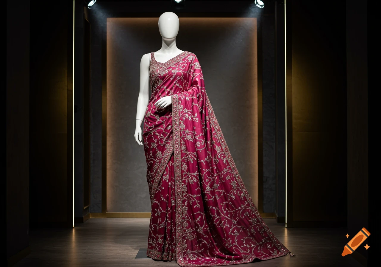 Mannequin wearing a red-violet party sari with intricate silver embroidery in a showroom.